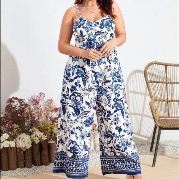 Bohemian Boho Plus Size Floral Paisley Pockets Wide Leg Pants Jumpsuit - Picture 10 of 11
